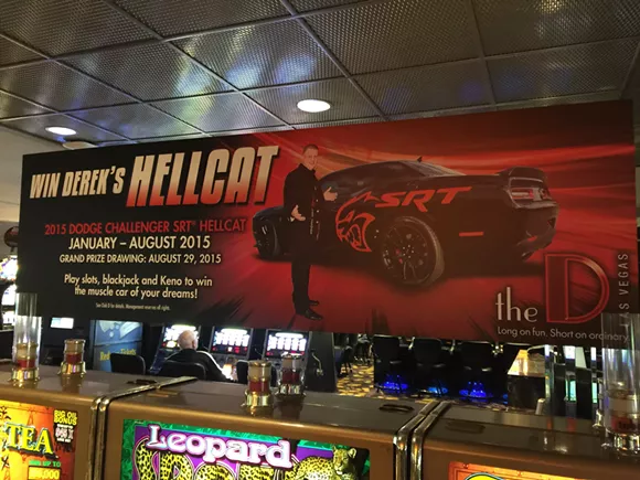 This billboard announcing a contest to win Stevens' Dodge Challenger strikes us a nod perhaps to Detroit's automotive history. - Via Rick Lax.