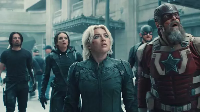 From left: Thunderbolts* assembles a ragtag team of Bucky (Sebastian Stan), Ghost (Hannah John-Kamen), Yelena (Florence Pugh), John Walker (Wyatt Russell), and Red Guardian (David Harbour).