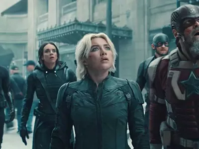 From left: Thunderbolts* assembles a ragtag team of Bucky (Sebastian Stan), Ghost (Hannah John-Kamen), Yelena (Florence Pugh), John Walker (Wyatt Russell), and Red Guardian (David Harbour).