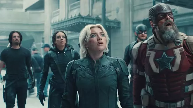 From left: Thunderbolts* assembles a ragtag team of Bucky (Sebastian Stan), Ghost (Hannah John-Kamen), Yelena (Florence Pugh), John Walker (Wyatt Russell), and Red Guardian (David Harbour).