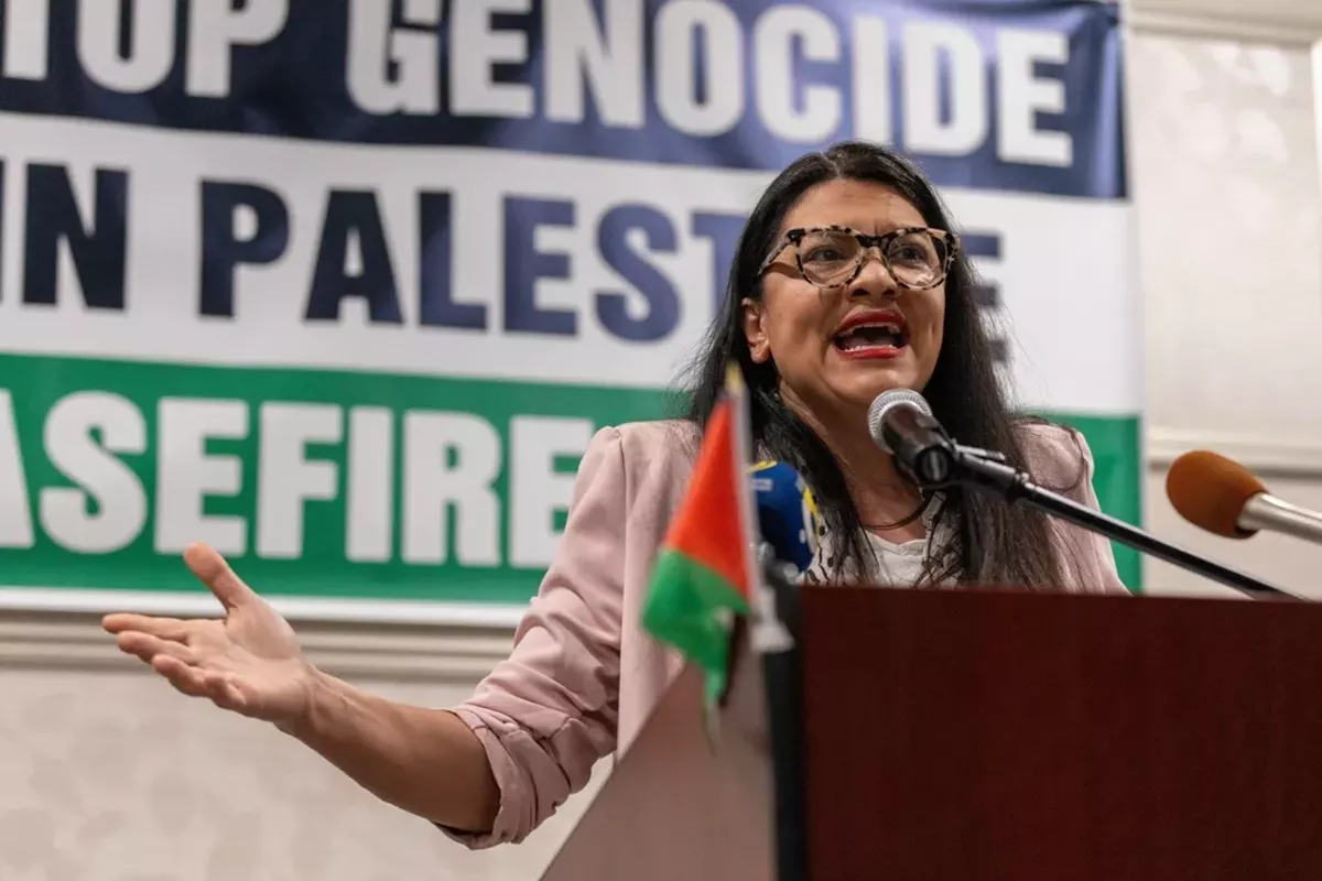 Image: U.S. Rep. Rashida Tlaib delivered a speech in Dearborn in February, urging Democrats to vote "uncommitted" in the presidential primary election to protest President Joe Biden's support of Israel.