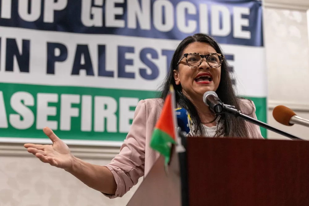 U.S. Rep. Rashida Tlaib delivered a speech in Dearborn in February, urging Democrats to vote "uncommitted" in the presidential primary election to protest President Joe Biden's support of Israel.