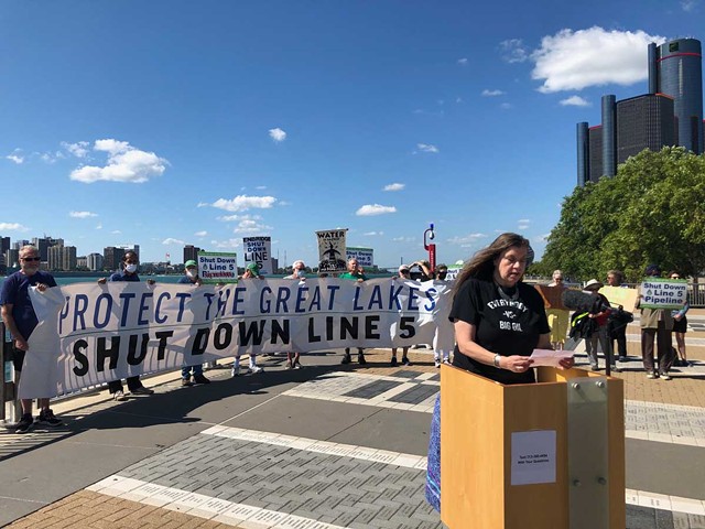 Activists protest Line 5 at 2021 rally along the Detroit River.