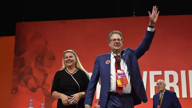 Michigan GOP Co-Chair Meshawn Maddock and AG nominee Matt DePerno at the Michigan Republican Party Endorsement Convention, April 23, 2022.