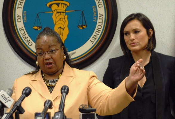 Wayne County Prosecutor Kym Worthy and actress Mariska Hargitay, of TV's Law and Order: SVU, at a 2014 news conference on the rape kit initiative. - MT file photo