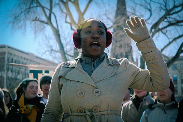 Siwatu-Salama Ra, then 15 years old, pictured speaking at an environmental justice rally in Wisconsin. - Shadia Fayne Wood/Survival Media