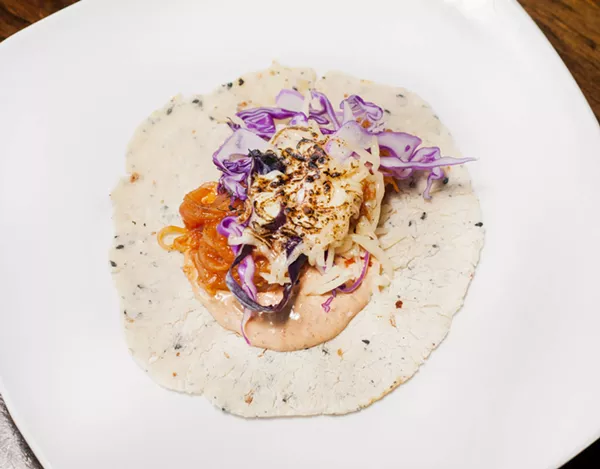 Brujo's vegeterian barbacoa taco with seared spaghetti squash that's tossed with barbacoa sauce, red cabbage ensalata, chipotle mayo, and Chihuahua cheese. - Tom Perkins