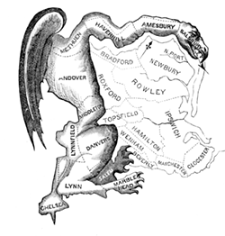 This 1812 political cartoon comparing a - Massachusetts district redrawn by Gov. Elbridge Gerry to a dragon-like monster is the - source of the term “gerrymander.“ - Boston Centinel