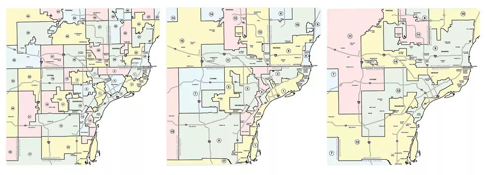 Gerrymandering at work — from left: Metro Detroit's State House Districts, State Senate Districts, and United States Congressional Districts. - Source: michigan.gov