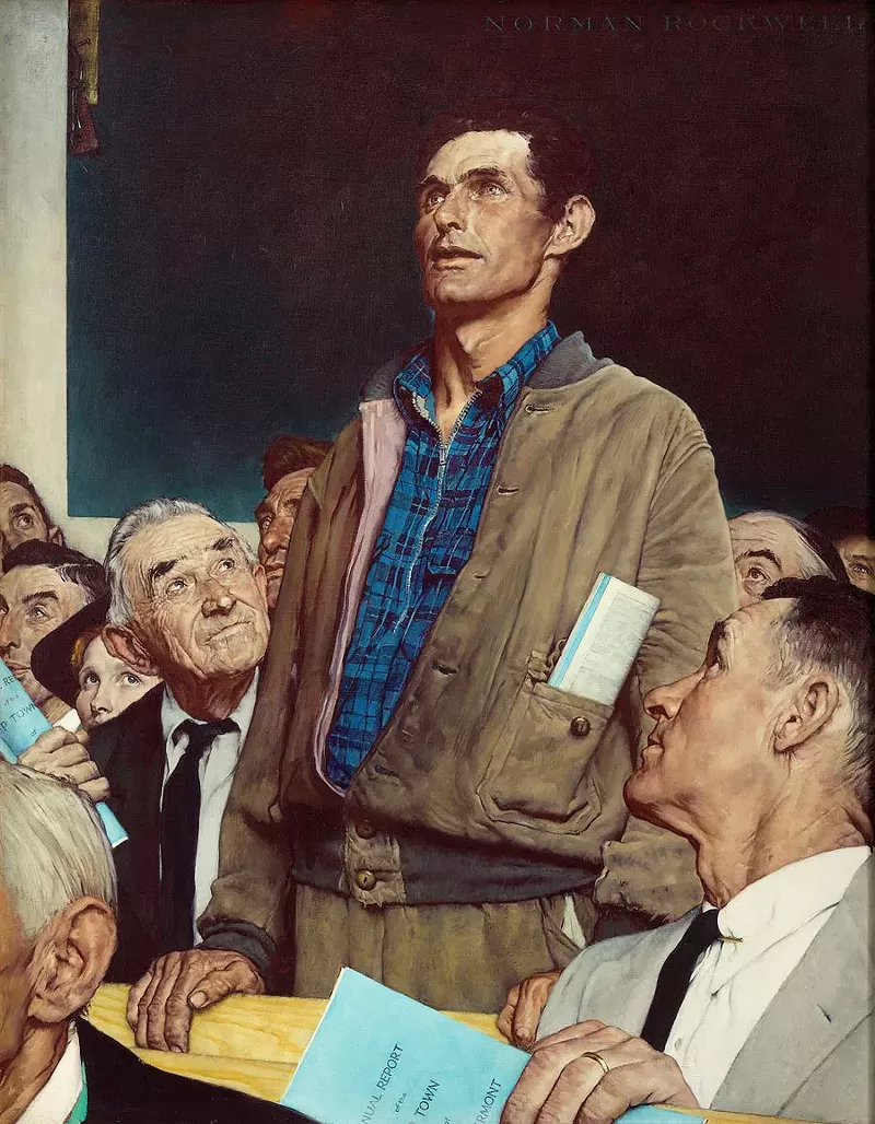 Norman Rockwell (1894-1978), Freedom of Speech, 1943. Story illustration for The Saturday Evening Post, February 20, 1943. - Collection of Norman Rockwell Museum. ©SEPS: Curtis Licensing, Indianapolis, IN. All rights reserved. curtislicensing.com