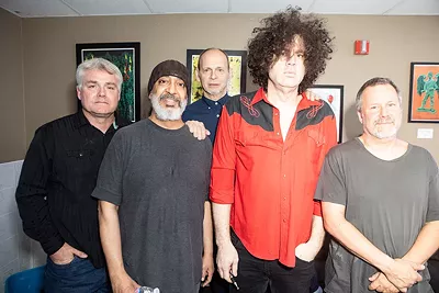 MC50 members (clockwise from top left) Brendan Canty (Fugazi), Kramer, Bill Gould (Faith No More), Marcus Durant (Zen Guerrilla), and Kim Thayil (Soundgarden) backstage. - Jim Louvau