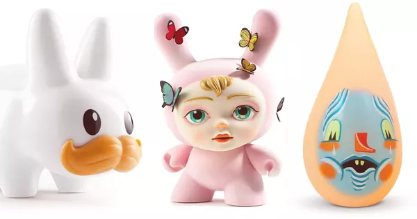 From left: Frank Kozik, White Stached Labbit, 2015. Courtesy of Kidrobot; Mab Graves, The Dreamer, 2017. Courtesy of Kidrobot; Travis Lampe, Tear Drips – Garth, 2009. - Courtesy of Squibbles Ink + Rotofugi