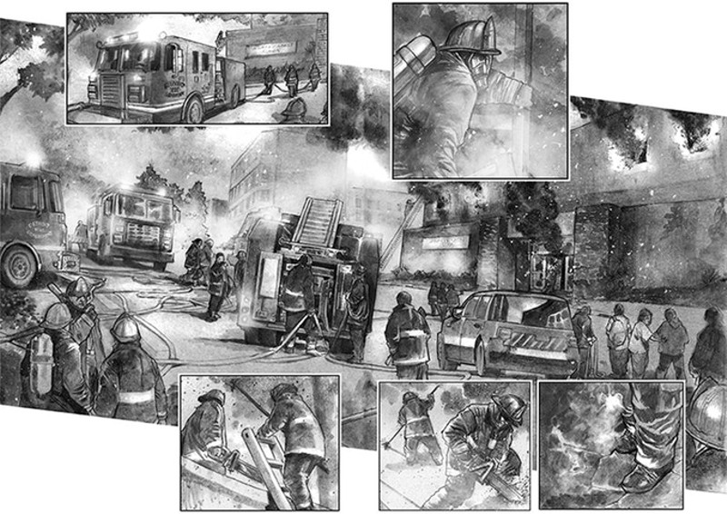 Two pages of "Inferno City Firehouse," written by Brian Lau and illustrated by Erwin Arroza. - "INFERNO CITY FIREHOUSE"