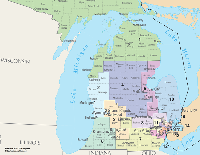 Map of Congressional Districts in the state of Michigan, reflecting district boundaries current to the 113th United States Congress. - Department of the Interior - National Atlas of the United States