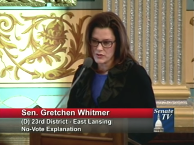 Whitmer speaking at the Michigan Senate chamber while advocating against a "rape insurance." - Screengrab / YouTube