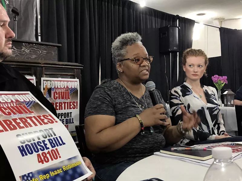 Tawana Petty, data justice director of the Detroit Community Technology Project, speaks at the town hall. Also pictured is Clare Garvie, a senior associate at Georgetown Law's Center on Privacy and Technology. - Steve Neavling