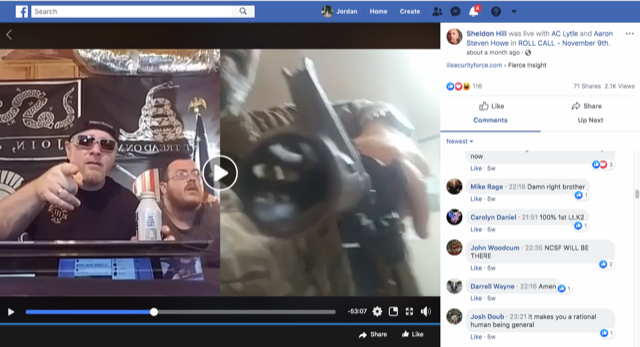 Chris Hill, then leader of the III% Security Force militia network, speaks on Facebook Live in June as Bill Hartwell points a rifle at the camera. - SCREENSHOT FROM THE ROLL CALL FACEBOOK PAGE
