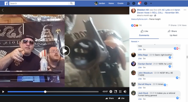 Chris Hill, then leader of the III% Security Force militia network, speaks on Facebook Live in June as Bill Hartwell points a rifle at the camera. - Screenshot from the Roll Call Facebook page