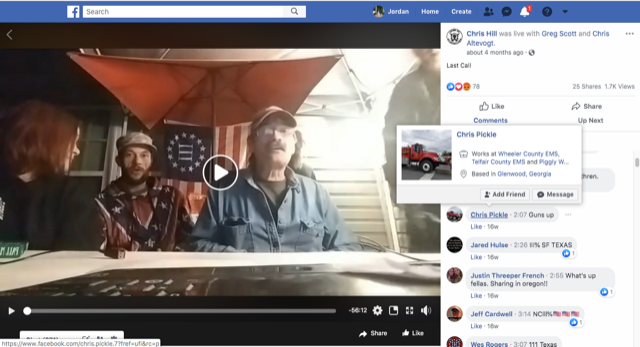 Chris Pickle, an EMT in central Georgia, comments on a Facebook Live video hosted by Chris Hill (not pictured) and other militia leaders in March. - Screenshot from the Roll Call Facebook page