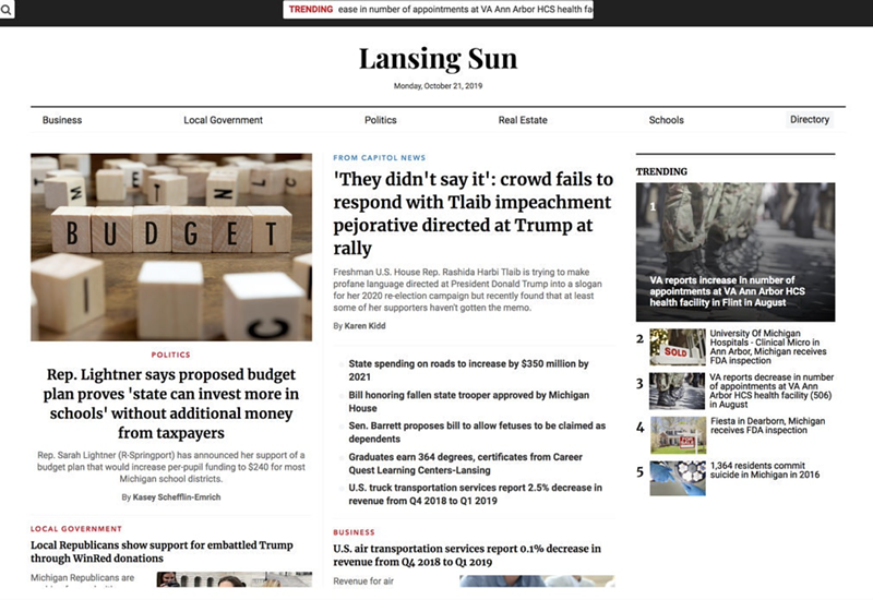 "The Lansing Sun" is one of nearly 40 websites designed to look like local news sites that have cropped up in recent weeks. The sites have a right-wing bent. - Screenshot