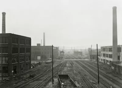 Railroad tracks and idle industry, as seen from the East Grand Boulevard bridge in 1981. - Bruce Harkness