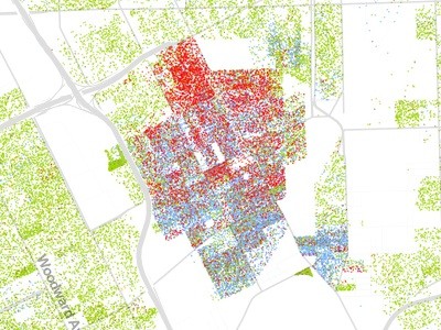 The racial diversity of Hamtramck is clear in this image. Note Detroit's "Banglatown" district from Hamtramck up to the Davison, as opposed to the African-American neighborhood on the west side of Joseph Campau. Also, note the overwhelming density; if Detroit were as dense as Hamtramck, it would have 1.6 million residents. - Detail of the Racial Dot Map