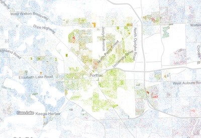 Detroit Junior: Though it's less dense and more diverse, Pontiac is a community of color surrounded by overwhelmingly white suburbs. - Detail of the Racial Dot Map