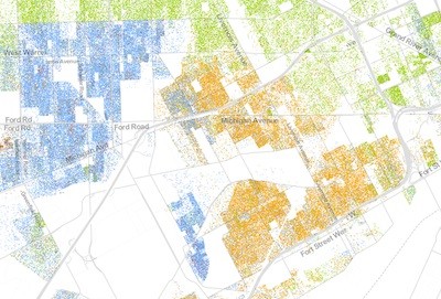 Tricolor west side: The east side of Dearborn, here almost completely in blue, buts up against the city's African-American west side, which blends into the Latino precincts of Mexicantown. - Detail of the Racial Dot Map