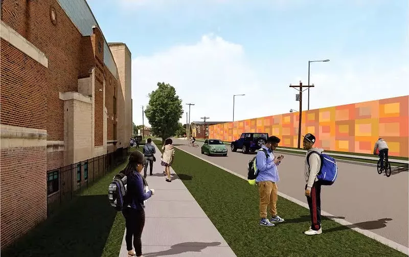 Rendering of the new art installation (right), with Southeastern High School across the street (left). - Courtesy of City of Detroit
