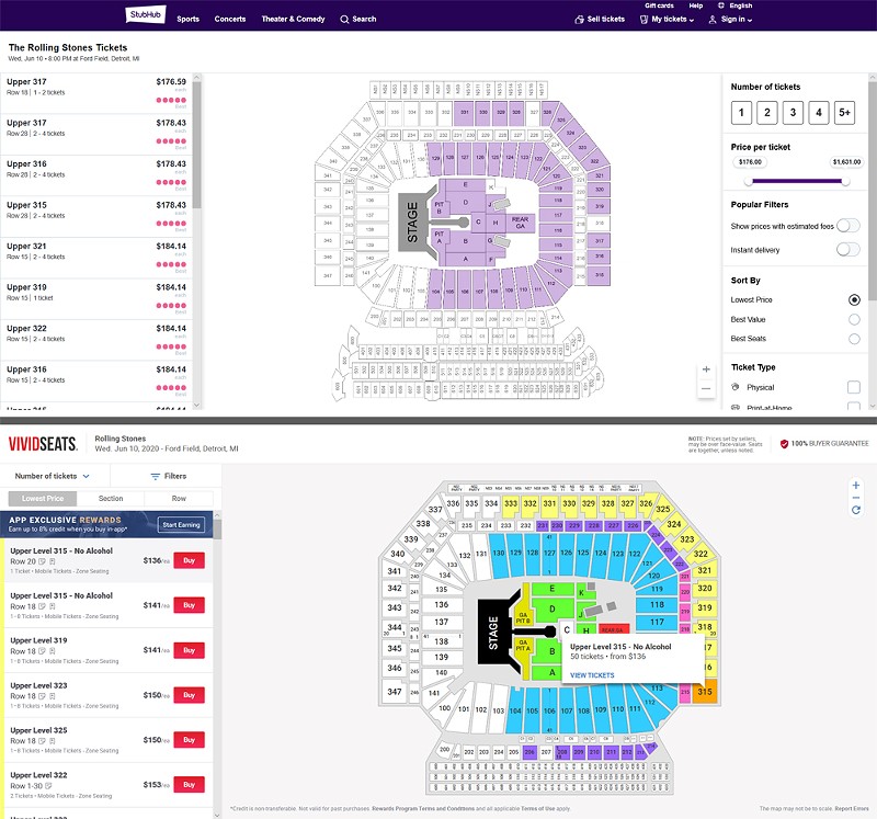Tickets for the Rolling Stones’ upcoming Detroit show were sold on resale sites even though they had not officially been released. - Screenshots from Stubhub and VividSeats