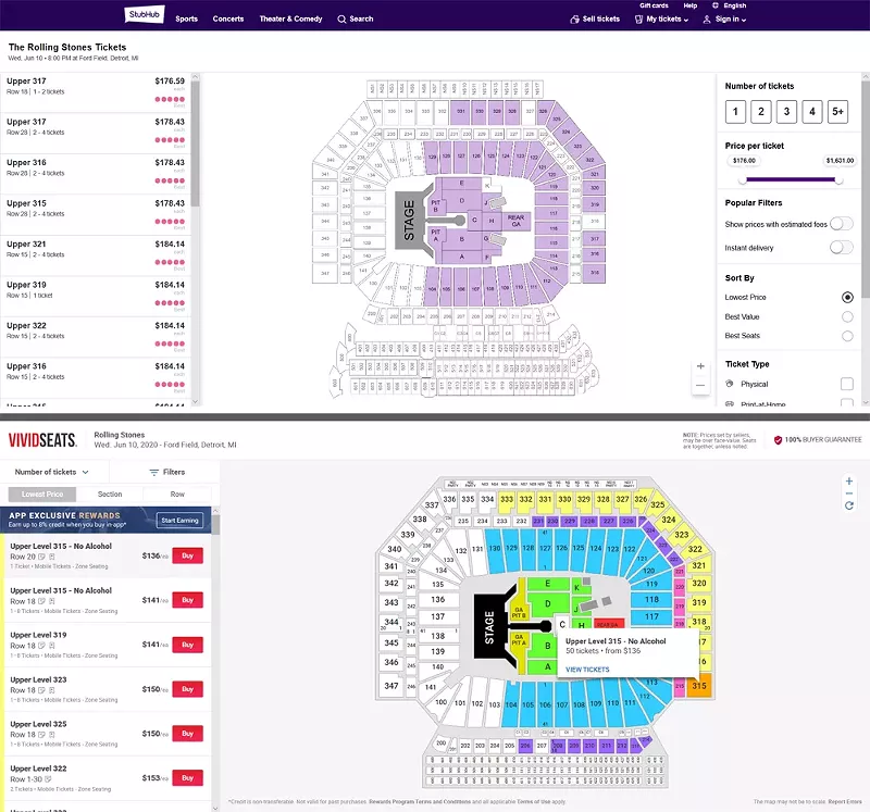 Tickets for the Rolling Stones’ upcoming Detroit show were sold on resale sites even though they had not officially been released. - SCREENSHOTS FROM STUBHUB AND VIVIDSEATS