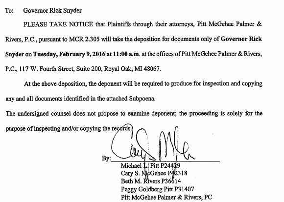 Flint class-action suit lawyers subpoena Snyder records