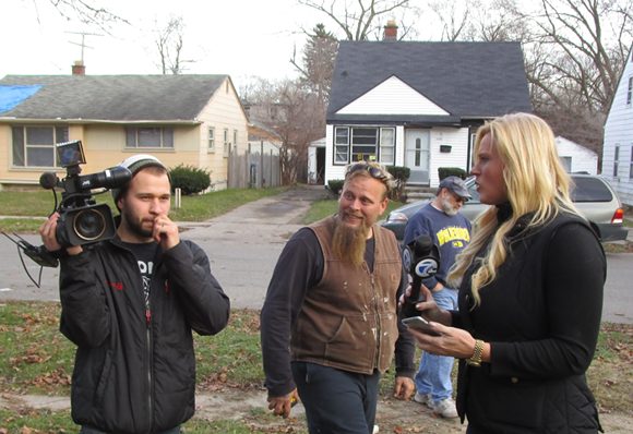 Pommerville (center) and Dahl (right) captured while shooting a segment in Detroit last month.