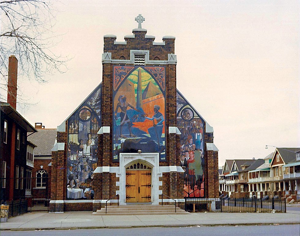 Harriet Tubman Memorial Wall (Let My People Go)", St. Bernard’s Catholic Church, Mack Avenue and Lillibridge Street, Bill Walker, Eugene Eda, others. (As it looked circa 1973.) - Courtesy of the Chicago Public Art Group