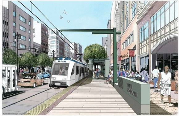 Artistic architectural renderings often idealize a city by presenting it without evidence of the struggles that make cities interesting in the first place. (This rendering was produced for M-1 Rail)
