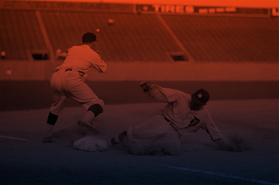 Cobb slides into third base for a triple against the Washington Senators at Griffith Stadium, Aug. 16, 1924. - Library of Congress, public domain