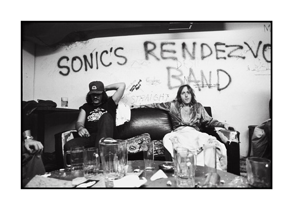 Scott "Rock Action" Asheton and Scott Morgan of Sonic's Rendezvous Band, backstage at the Second Chance, Ann Arbor, Michigan on August 26, 1977. Photo by Sue Rynski and courtesy of Sensitive Skin.