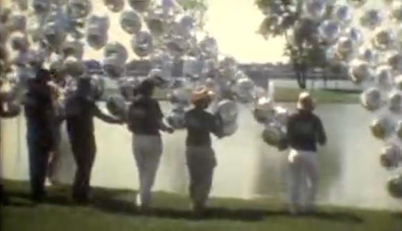 Crews assemble the artwork "Floating River" in June of 1986. - Courtesy Martin Hatcher