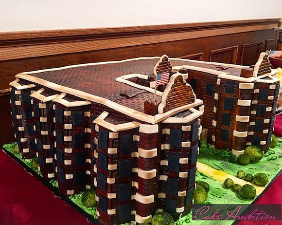 See a cake made in the shape of Forest Arms