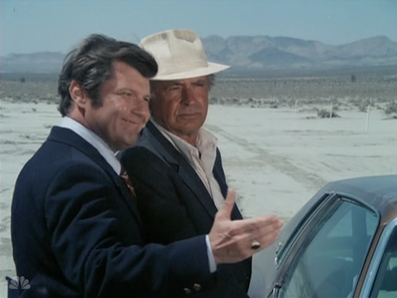 In "The Great Blue Lake Land Development Company," a huckster tries to sell "Rocky" Rockford "lakefront" property in the desert. - Screen capture from 'The Rockford Files'