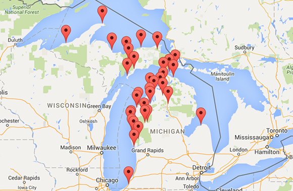 Each marker represents a trip and a corresponding trip report the family has published on mymichigantrips.com.