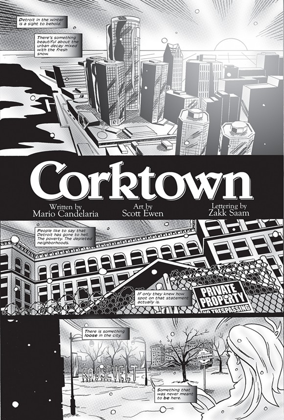The Detroit skyline, as drawn by Scott Ewen, serves as the comic's first page. - Photo courtesy of Mario Candelaria