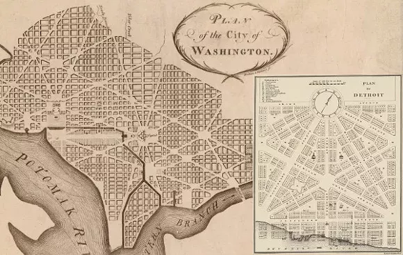 Note well the differences between early plans for D.C. and Detroit. - Courtesy Detroit Urbanism blog