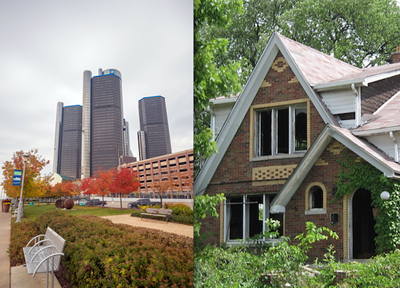 A summary of the article notes that "much of the city’s high-profile development is centered in a roughly seven-mile-square area ... in the other 95 percent of Detroit ... decay continues to dominate the post-apocalyptic neighborhood landscape.” - Photomontage sourced from Shutterstock (left) and MT file photos (right)