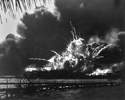 Explosion of the USS Shaw's forward magazine during the Japanese attack on Pearl Harbor, Dec. 7, 1941. - Photo courtesy Shutterstock