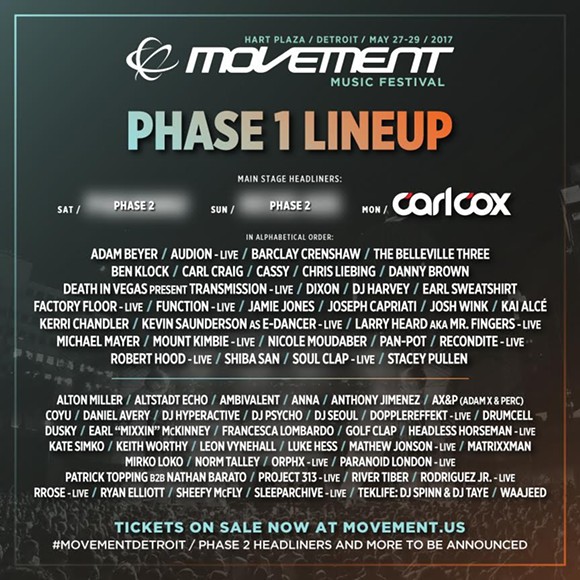 It is revealed: Movement 2017 lineup phase one; Carl Cox headlines Monday!