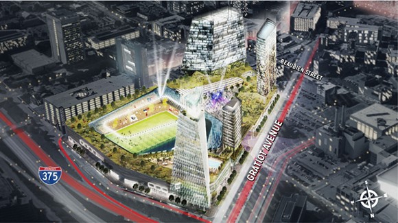 Digital rendering of the proposed $1 billion mixed-use development at the "fail jail" site. - Rock Ventures