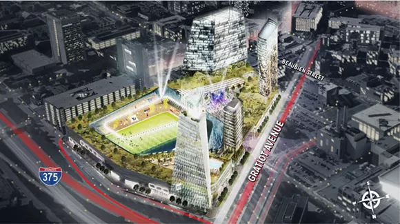 Digital rendering of the proposed $1 billion mixed-use development at the "fail jail" site. - Rock Ventures