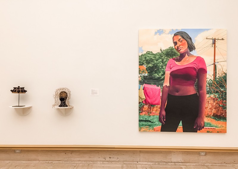 From left: Sonya Clark, "Twenty-One"; Beau Sinchai, "Reclaiming the Gaze"; Marianna Olague, "Maya." - Courtesy of Cranbrook Art Museum