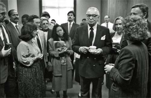 Mayor Coleman Young in the one-time roost of Orville Hubbard? It happened. Harkness says, "Coleman Young spent a half-day in Dearborn for the annual Mayor Exchange Day, while Mayor Michael A. Guido went to Detroit, in May of 1991. This photo was taken in a reception room in the old Dearborn City Hall." - Photo courtesy Bruce Harkness